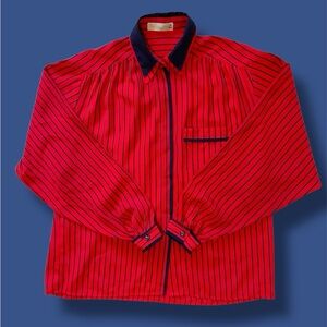 Vintage 90s Aquascutum Striped Red Navy Blue Long Sleeve Blouse Shirt Small